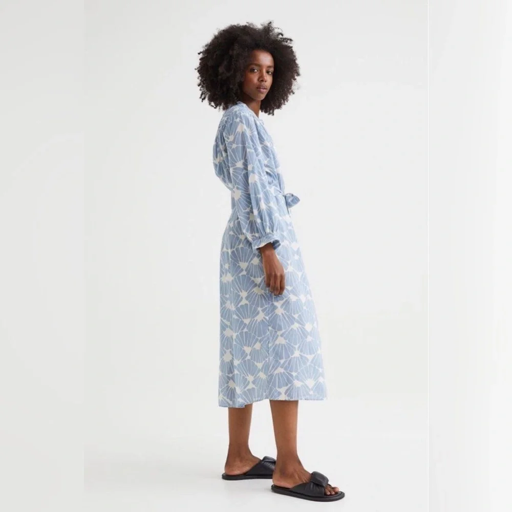 H&M | Tie Waist Balloon Sleeve Midi Dress Button Front Size M - Picture 2 of 10